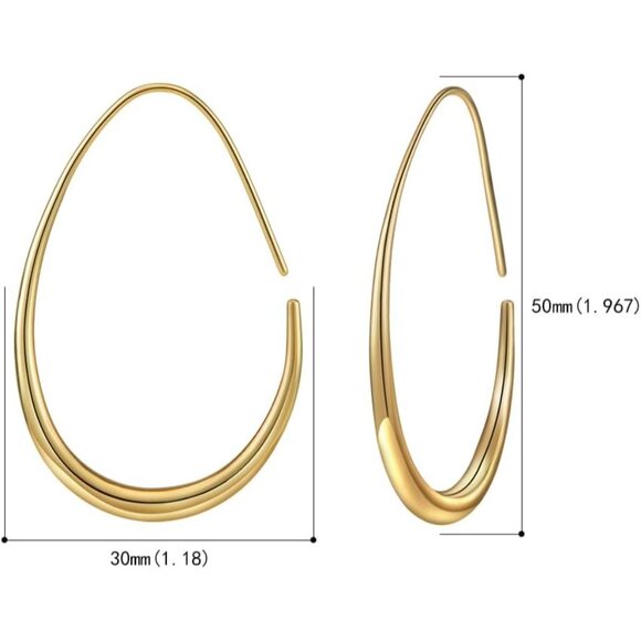 14k Gold Lightweight Teardrop Large Oval Pull Through Hoop Earrings for Women - Picture 2 of 6